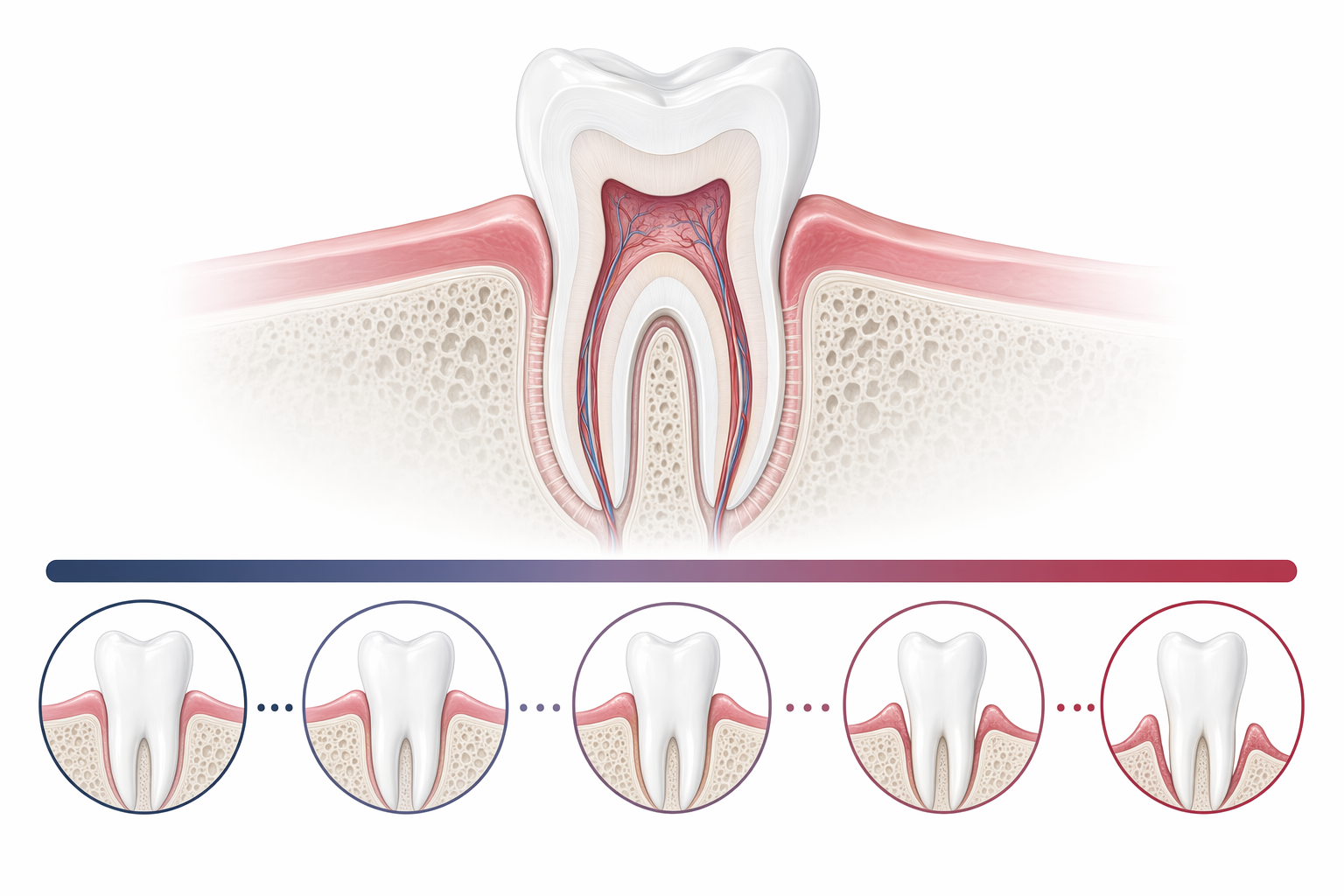 Clinical illustration of the gum line through the stages of gum disease, from healthy gums to advanced periodontitis, in deep rose and slate